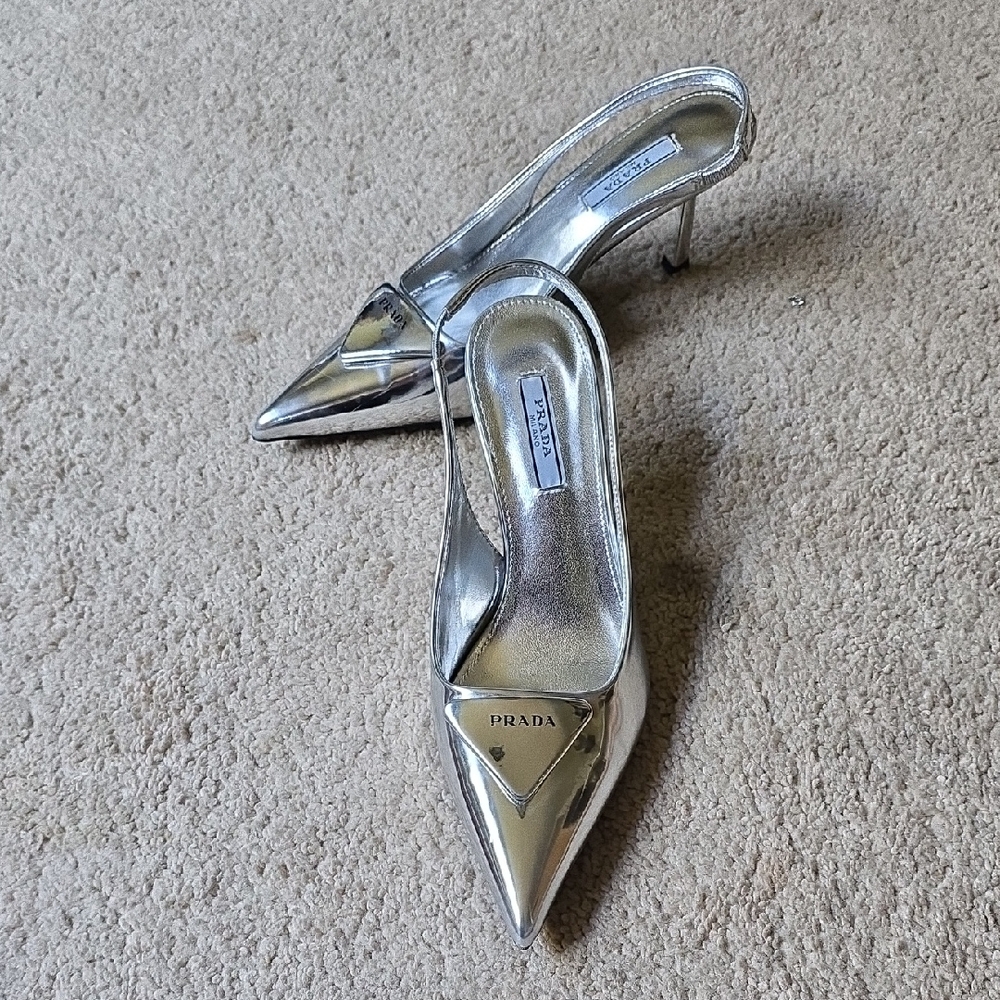 Prada Metallic Silver Pointed Heels